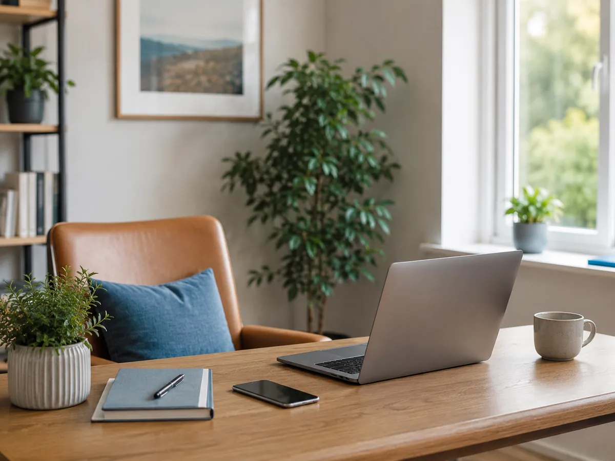 A franchisee home office set up with laptop, notebook and phone