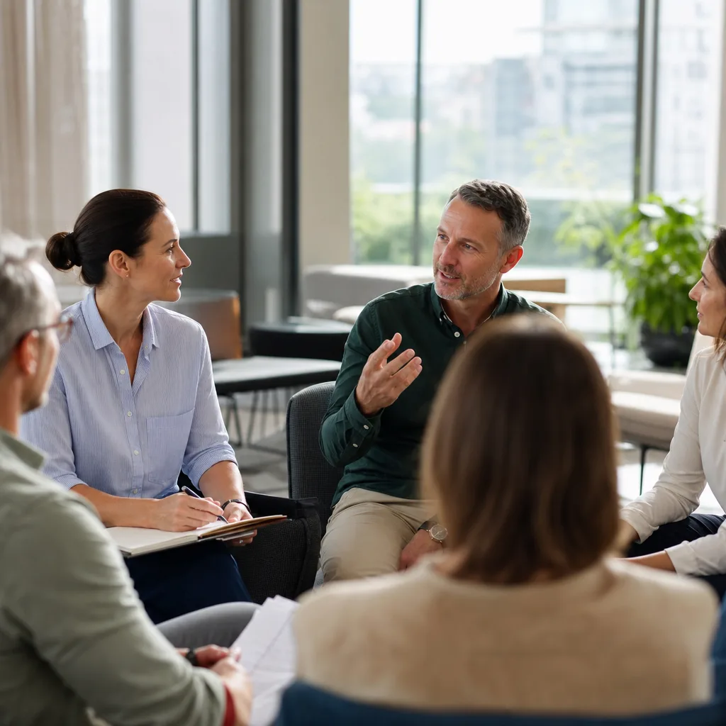 A small group seated in a bright office, talking and taking notes
