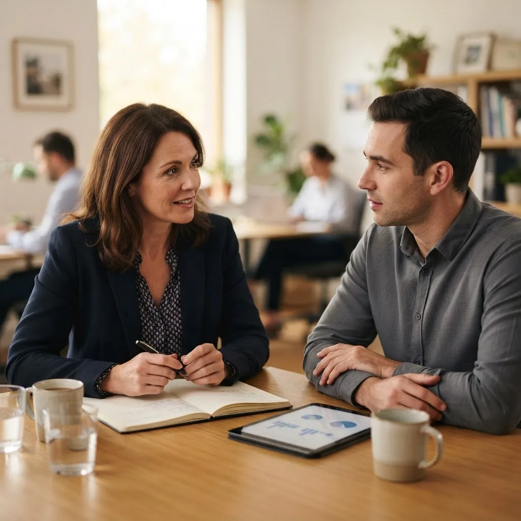 A mentor and a colleague talking over a notebook and tablet
