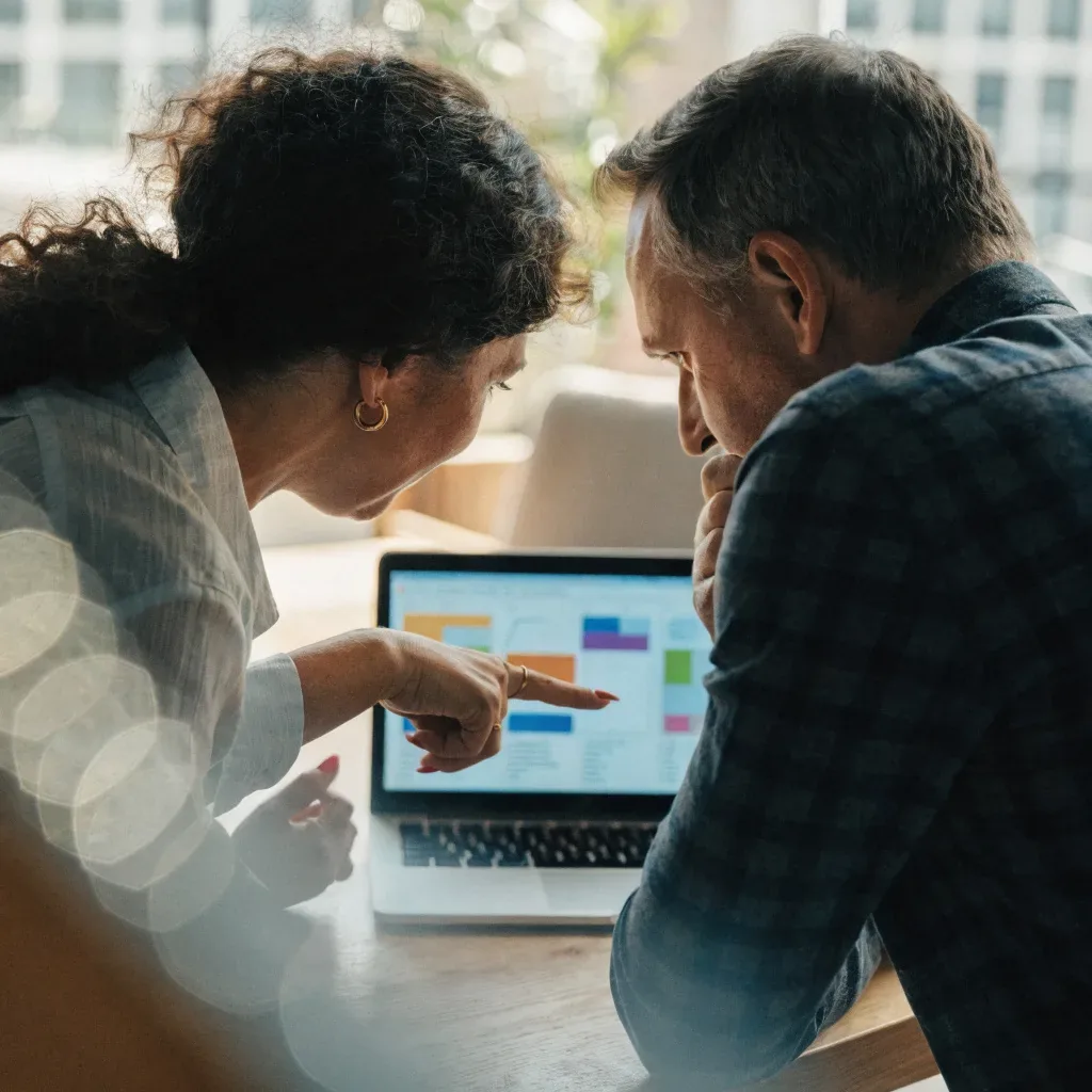 An insight6 Customer Experience Director going through results on a laptop with a client
