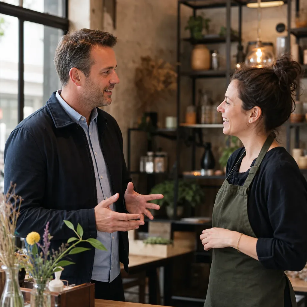An insight6 Customer Experience Director talking with a local business owner in their shop